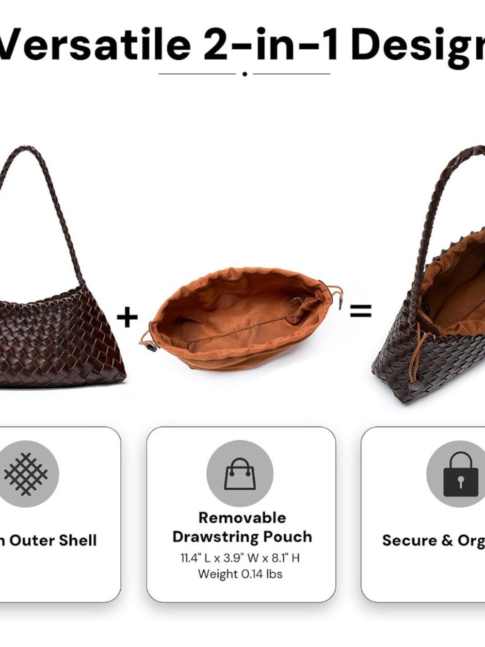 Small Woven Purse for Women Vegan Leather Underarm Shoulder Hobo Handbag | Secur - Picture 4 of 7